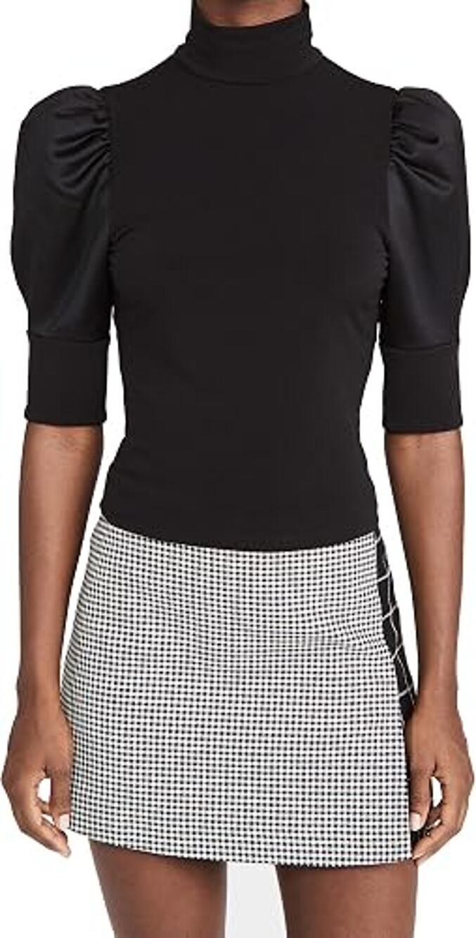 NWT Alice & Olivia McKayla Puff Sleeve Turtleneck Crop Blouse Top Black Women XS